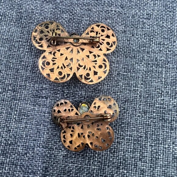 Antique Edwardian Butterfly Dragon's Breath Glass Bronze Pin Set - Picture 3 of 9